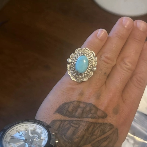 STERLING SILVER NATIVE AMERICAN SIGNED CONCHO STYLE TURQUOISE RING SZ 8.5 .925 - Picture 5 of 10